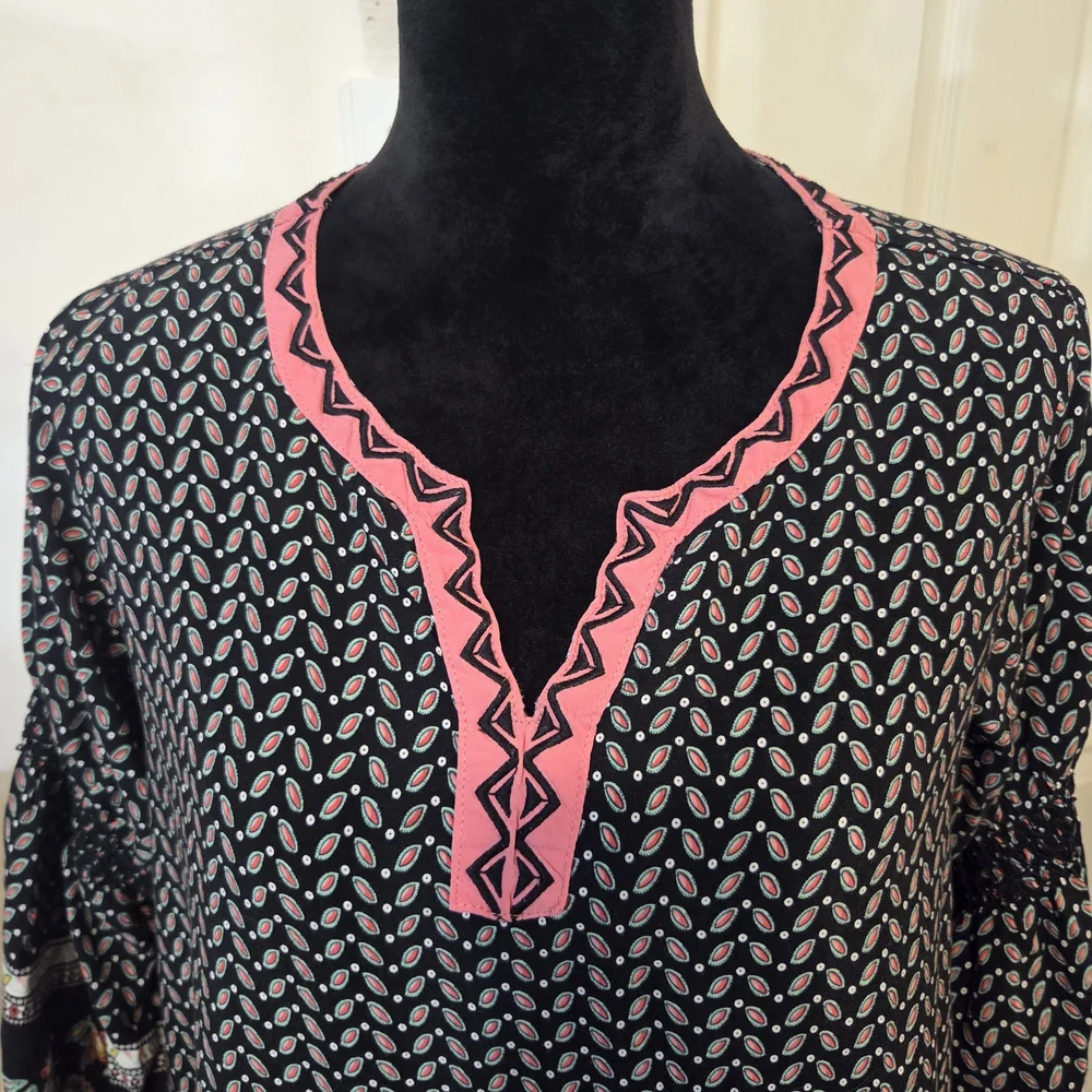 Umgee Boho Black Printed Dress Pink Trim Colorblock V Neck Embroidered Sleeves - Picture 3 of 16